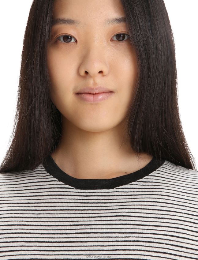 הַלבָּשָׁה Icebreaker פס חולצת טריקו עם שרוולים קצרים מפשתן מרינו שלג/שחור נשים 42N8VN644