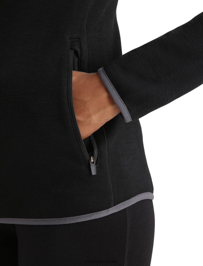 הַלבָּשָׁה Icebreaker ז'קט קפוצ'ון עם שרוולים ארוכים של מרינו אמיתי פליס שָׁחוֹר נשים 42N8VN885