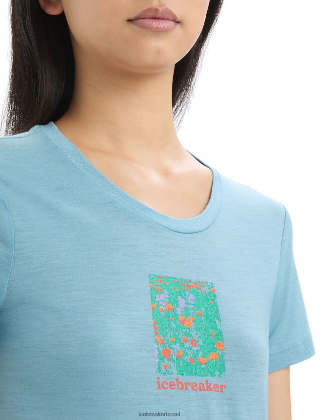 הַלבָּשָׁה Icebreaker merino tech lite ii חולצת טריקו עם שרוולים קצרים פריחת פרחי בר כחול אסטרלי נשים 42N8VN645